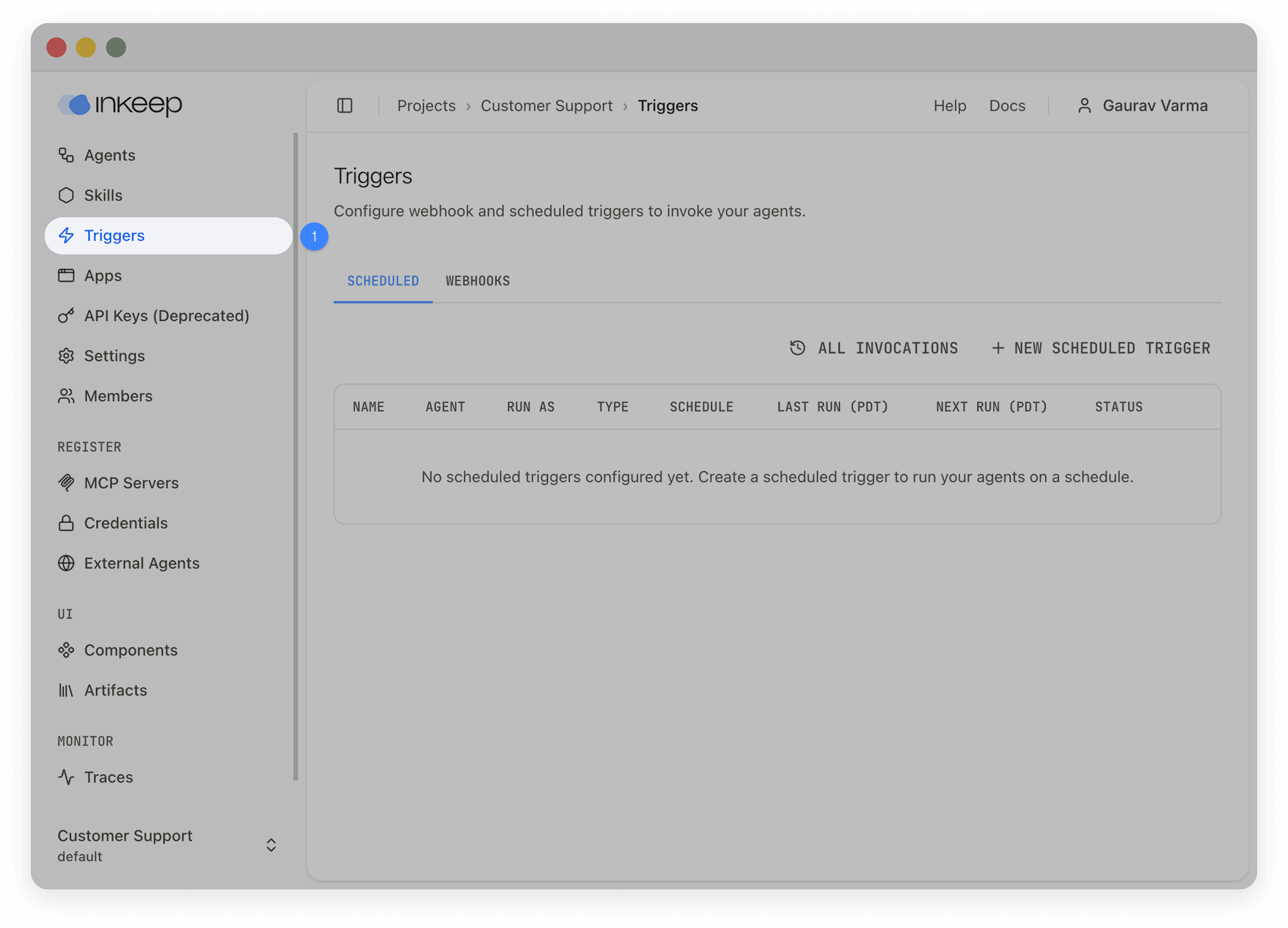 Triggers menu item in the left sidebar